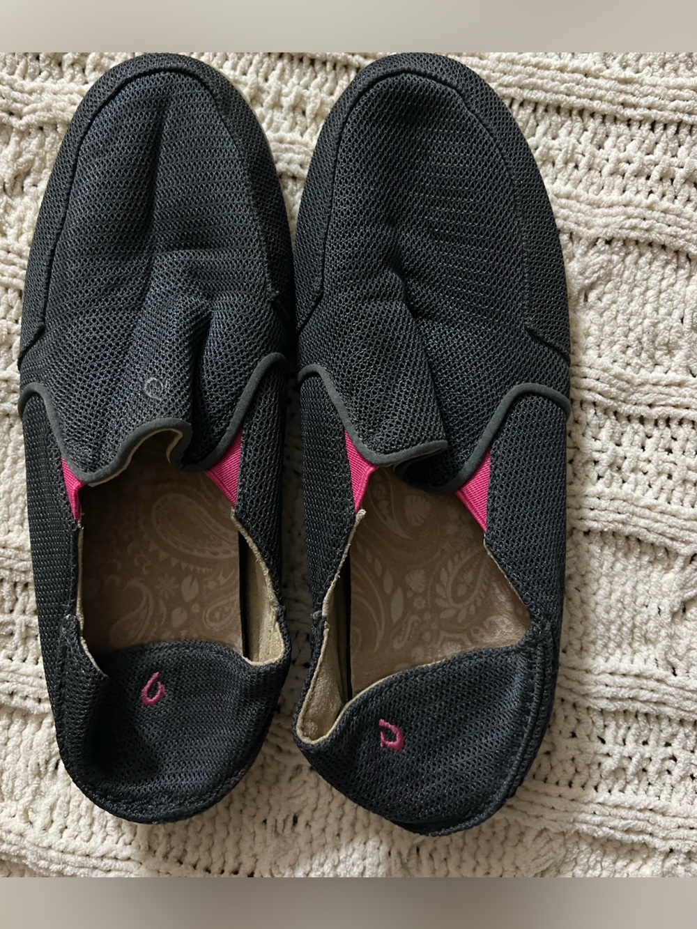OluKai Black Slip-On Mesh Shoes with Pink Accents
